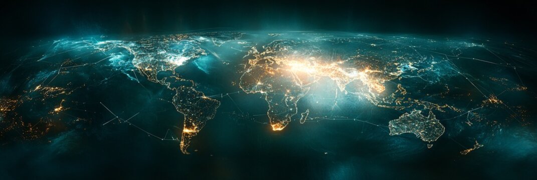 World map with lines connecting global markets symbolizing economic interconnections against a dark background with room for text on the side