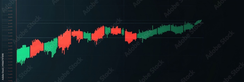 Poster Stock chart with fluctuating peaks and valleys on a dark background representing investment risk with side space for adding text