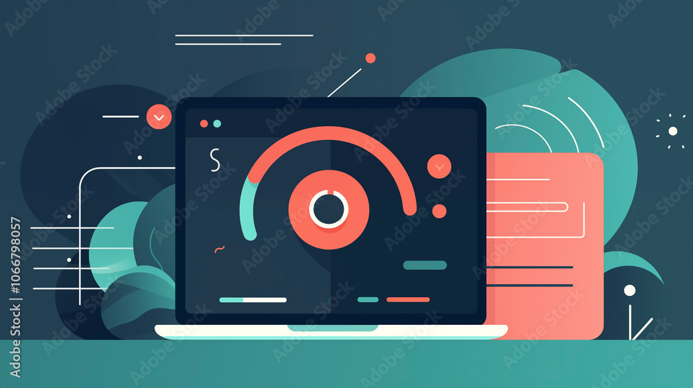 Aufkleber modern dashboard interface on laptop screen in flat vector illustration style with abstract backgrou