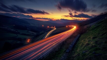Obraz premium A captivating scene of light trails ling over the sleepy countryside hills inviting us to explore its beauty.