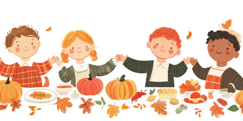 A heartwarming scene of children dressed as pilgrims, holding hands around a festive table filled with traditional Thanksgiving dishes