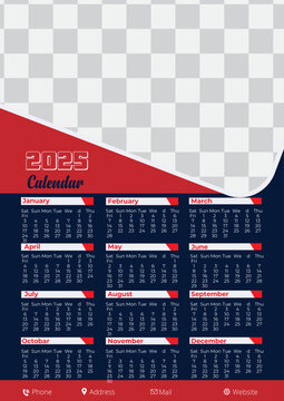 Wall Calendar 2025, Wall calendar design template for 2025, minimalist, clean, and elegant design Calendar,2025, Week starts on Sunday. January, February, March, April, May, June, July, August, Septem