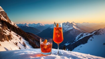 Relax and savor a refreshing cocktail with breathtaking mountain views. Perfect for showcasing alpine leisure and indulgence in a winter wonderland