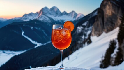 Relax and savor a refreshing cocktail with breathtaking mountain views. Perfect for showcasing alpine leisure and indulgence in a winter wonderland