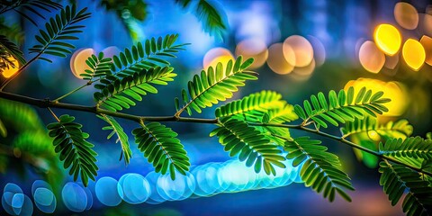 Vibrant green acacia leaves on a branch, presented in tilt-shift style, evoke a serene delight for nature lovers appreciating miniature landscapes and delicate beauty.
