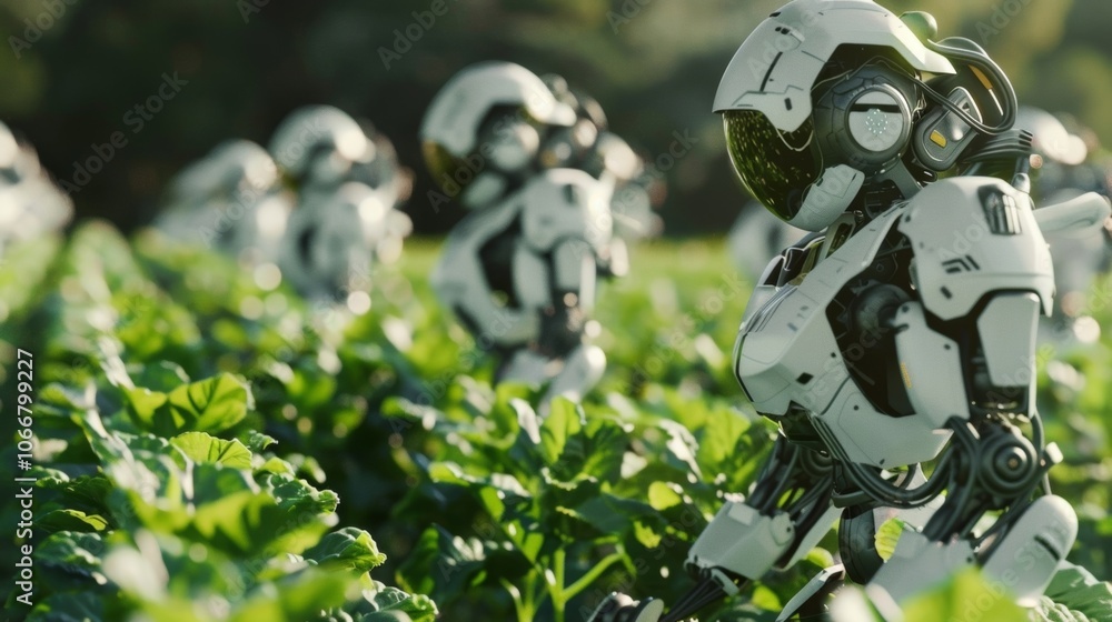Poster futuristic robots equipped with advanced sensors and tools are diligently working in a lush green fi