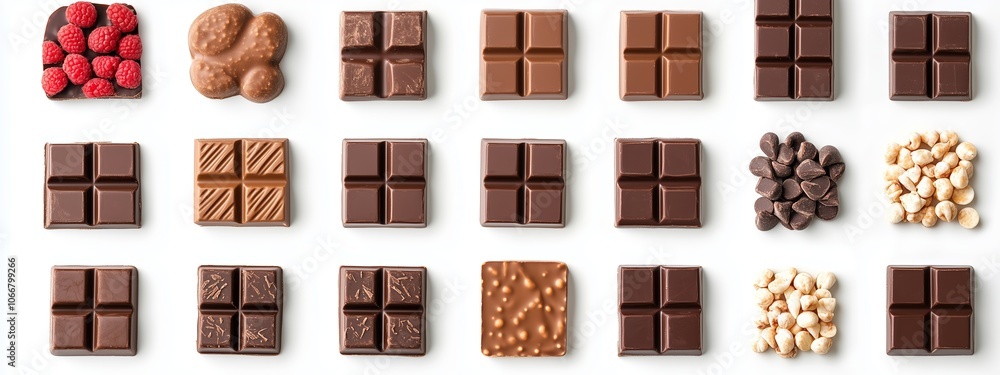 Poster a delightful assortment of chocolate varieties arranged on a white background showcasing different f