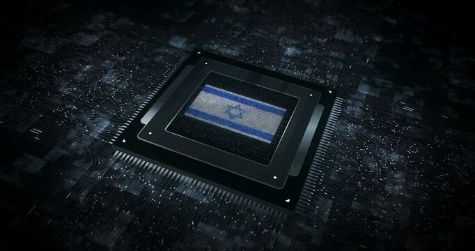 Israel USA flag on computer cpu. Israeli banner digital and cyber technology concept animation.
