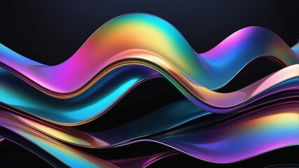 Fototapeta premium 3d render of abstract futuristic background with chrome metal curves, holographic gradient texture, iridescent rainbow colors, black isolated background