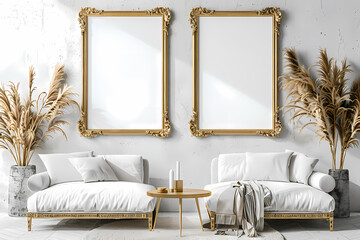 Stylish living room featuring two white sofas, elegant decor, and empty gold-framed mirrors, creating a serene and modern atmosphere.