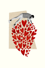 Vertical photo collage of astonished man fly red air balloon heart shape valentine holiday decor celebration isolated on painted background