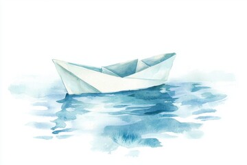 Obraz premium A serene watercolor illustration of a paper boat floating peacefully on a calm body of water, evoking tranquility and simplicity.