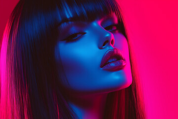Striking portrait of a beautiful woman with straight dark hair illuminated by bright pink red and blue , neon glamorous close-up , creative female beauty fashion photo