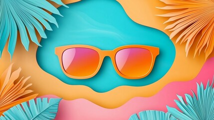 Bright orange sunglasses on a colorful abstract background with tropical leaves in a summer-themed design