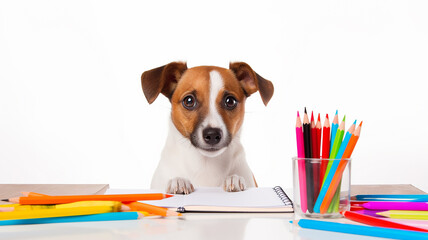 dog at the table on a white background creativity colored pencils study back at school drawing