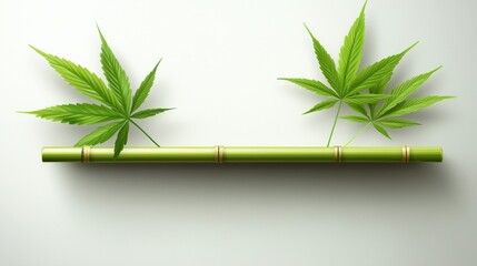 A serene arrangement of bamboo with vibrant cannabis leaves, symbolizing nature and tranquility in a minimalist design.