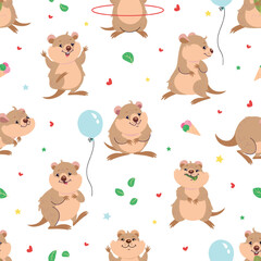 Quokka seamless pattern. Cute australian animal, funny cartoon little animals eating training smiling. Childish mascots print, nowaday vector background