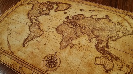 Fototapeta premium An aged, detailed world map printed on yellowed parchment with classic cartographic elements and a compass rose, evoking historical exploration and discovery in warm sepia tones