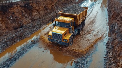 Yellow Dump Truck Driving Through Muddy Construction Site