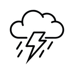 Thunderstorm Cloud Icon with Lightning Bolt, Simple black outline icon of a cloud with lightning bolt and rain, representing a thunderstorm, ideal for weather, forecast, and climate themes.
