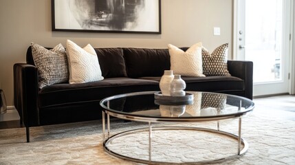 Modern Living Room Interior with Black Velvet Sofa and Glass Coffee Table