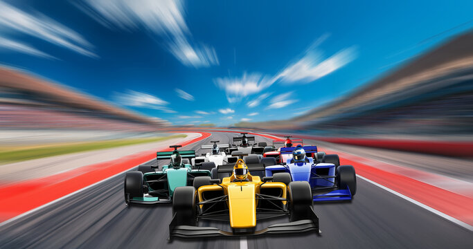 View on pack of colorful formula race cars racing in slipstream on straight of a crowded race track packed with fans. Fast dynamic thrilling motorsport background. 