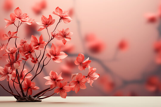 Fondo oto&ntilde;a de un ramol con flores rojas sobre una mesa de tono beige. Decoraci&oacute;n para el hogar