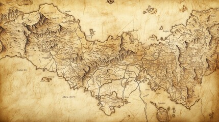 A detailed, vintage map on aged parchment showing mountainous regions, rivers, and towns, with intricate labels and a textured background, evoking themes of exploration and historical geography
