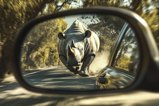 Rhinoceros charging. Rear view mirror rhinoceros charging. Side mirror showing a rhinoceros. Rhinoceros chasing a vehicle. Rhino chasing a car.