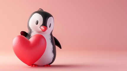 Obraz premium A cute cartoon penguin is holding a red heart against a pink background.