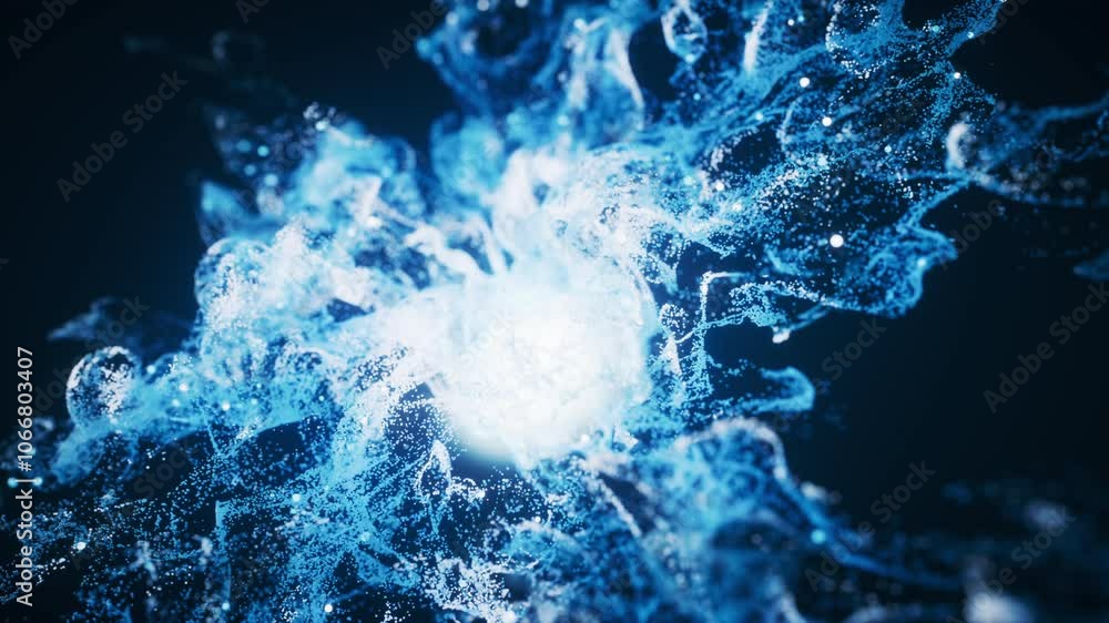 Poster blue flowing particles with explosive wave effect, 3d rendering.