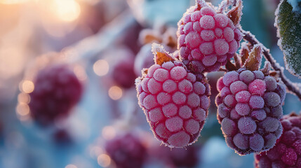Frozen raspberry branch