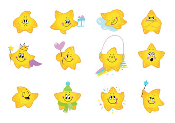 Cartoon funny stars. Cute yellow star various poses and emotions. Children mascots, kawaii characters smile cry surprised, nowaday vector set