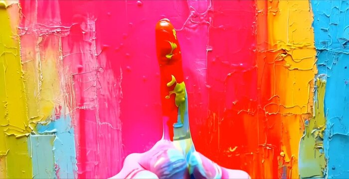Vibrant abstract painting detail, close-up of a hand and paintbrush creating a colorful, textured masterpiece.  Expressing creativity and artistic passion.
