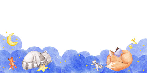 Watercolor border with cute sleeping animals in the clouds. Cartoon-style illustration. An image of a raccoon and a chanterelle. It is suitable for children's books, packages, and Baby shower decor.