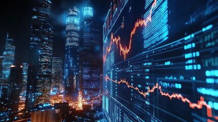 Global stock market icons and trends on large screen, international cityscape background 