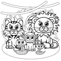 Fototapeta premium Coloring page for kids and adults. Mermaid colouring book. Cartoon cute animals including lion, tiger, monkey, snake.