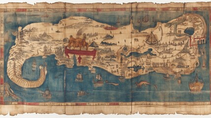 An ancient parchment map illustrating mythical lands and seas, decorated with sea creatures, ships, and unknown territories, evoking exploration and fantasy in muted, aged colors