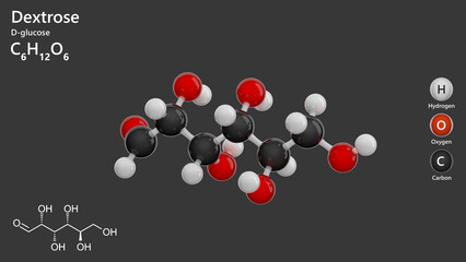 Molecule: Dextrose or D-glucose. Monosaccharide. Molecular structure. Formula: C6H12O6. Chemical model: Ball and stick. Gray background. 3D illustration.