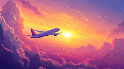 Airplane flying over a beautiful sunset sky, symbolizing travel and adventure on a vibrant background