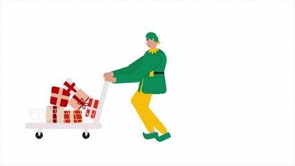 Christmas buddy elf in Men going to the shopping cart with gift on the inside, animation 4k footage.