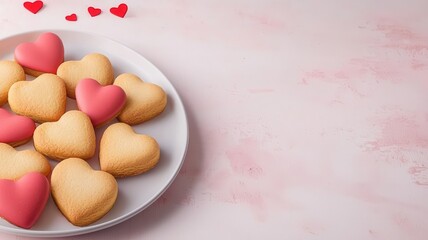 Obraz premium Capture a high-angle scene of heart-shaped cookies on a stylized Valentines table