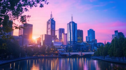 City skyline at dusk with glowing lights, representing urban travel destinations