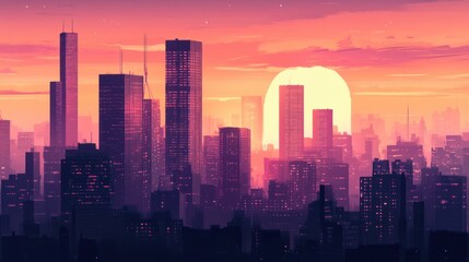 Fototapeta premium Cityscape with modern skyscrapers at sunset, representing urban travel and exploration