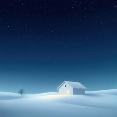 Naklejka premium serene winter landscape featuring white house glowing softly under starry night sky, surrounded by snow covered hills and solitary tree. peaceful scene evokes sense of calm and tranquility