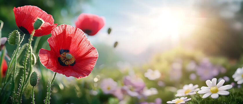 Garden scene with poppies swaying in a light breezer