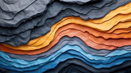 A visually striking, abstract representation of geological layers with folded textures in gray,...