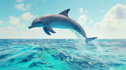 Fototapeta premium A dolphin leaps out of the water against a bright blue sky.