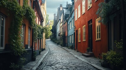Fototapeta premium European cobblestone street with colorful buildings, perfect for cultural travel themes