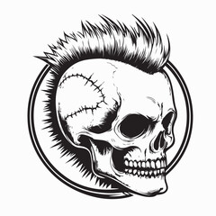 Skull punk with mohawk hair hand drawn isolated vector illustration on white background.